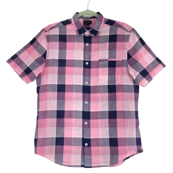 GoodMan Brand Shirt Mens S Pink Navy Plaid Short Sleeve Button Up *TINY FLAW - Picture 1 of 15